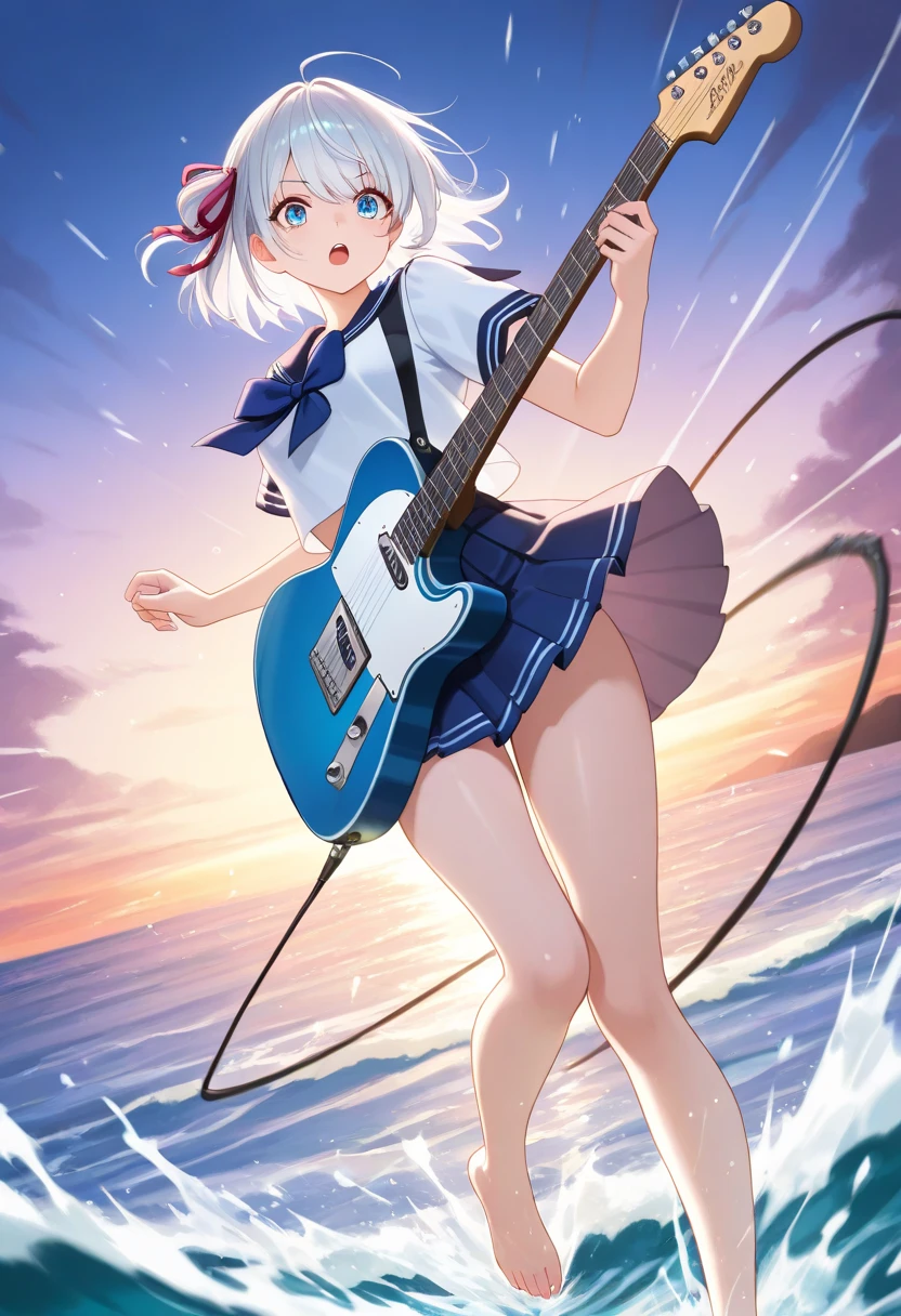 1 Girl, holding electric guitar, Small Breasts, Swimsuit, Practical, beach, wet, ocean, Umbilical cord, Sky, clavicle，masterpiece, best quality, High resolution, Fine details,