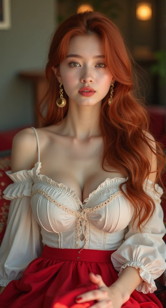 Photo of a 25-year-old European girl, Raw, Beautiful fat woman, (Very long wavy red hair), ((portraite of a)), ((detailized face:1.2)), ((Detailed facial features)), (Finely detailed leather), pale skin, ruddy, Unbuttoned dress of a village woman, erotica, Hem raised, deep neckline, Large breasts can be seen, Wednesday Village Morning, (warm colours), humid, humid, reflections, (tmasterpiece) (perfect proportion)(foto realista)(beste-Qualit) (Detailed), shot on a Canon EOS R5, 50mm lens, f/2.8, HDR, (8K) (wallpapers) (电影灯光) (dramatic lighting) (sharp-focus) (an intricate) sun glare
