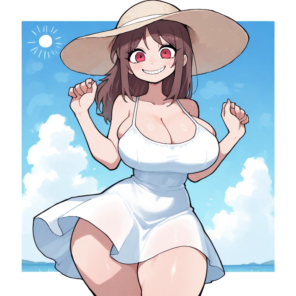 the entrance to a beach resort, a chubby girl next to the entrance, very chubby large belly, massive thighs, large breasts, tight clothes, softly smiling, standing next to a sign that says 'Opu Nui Beach & Resort', palm trees, in front of a beach, wearing hotel atelier clothes, standing beside the sign, resort in the background, very pretty, tall, wearing a large white sunhat, gesturing to the sign for the resort, very sexy