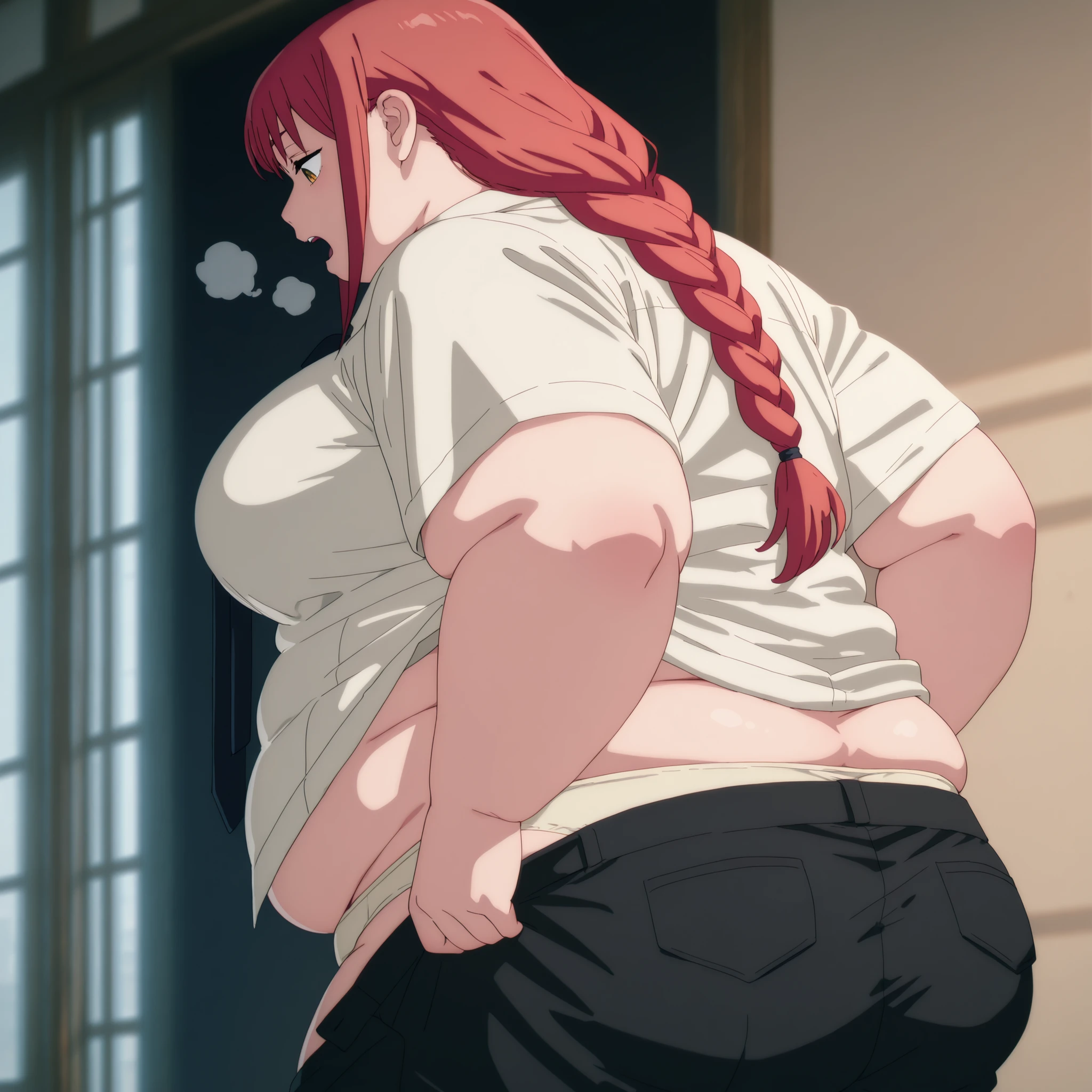 Le personnage Makima de la série animée Chainsaw Man, fragile, obésité morbide, ssbbw, pleine longueur (corps entier 1.1.), fond sombre, obscurité, anatomie correcte 1.1, anatomie correcte de la main, Très féminin, corps gras et rond, grosses Jambes, fesses, beau corps obèse, ventre rond et mou très gras, cheveux roux, Yeux oranges, Cercles rouges pour les écoliers, chemise blanche, jupe noire, cravate noire, pose sexy, réaliste, very détaillé, beau corps, détaillé body, détaillé hands, détaillé, vibrant, détaillé Face, Conception des personnages de Makima. very détaillé, détaillé body, détaillé hands, détaillé Face, Art animé, Hugh Détails, Visage très abattu, détaillé eyes, Illustration ultra fine, Meilleure ombre, détail fin, beautiful détaillé glow, beautiful détaillé, Extraordinairement beau, extremely détaillé, inexpressif, composition épique, Style animé. art animé, Style animé. Jupe noire, chemise blanche, cravatte, pose sexy, yeux jaunes