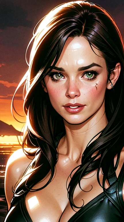 Angelina Jolie, naked, posing, river in background, oil painting, hyperrealistic, (best quality,4k,8k,highres,masterpiece:1.2),ultra-detailed,(realistic,photorealistic,photo-realistic:1.37), chiaroscuro lighting, dramatic shadows, vivid colors, intricate details, porcelain skin, sultry expression, graceful figure, flowing hair, lush environment, reflections in water, moody atmosphere