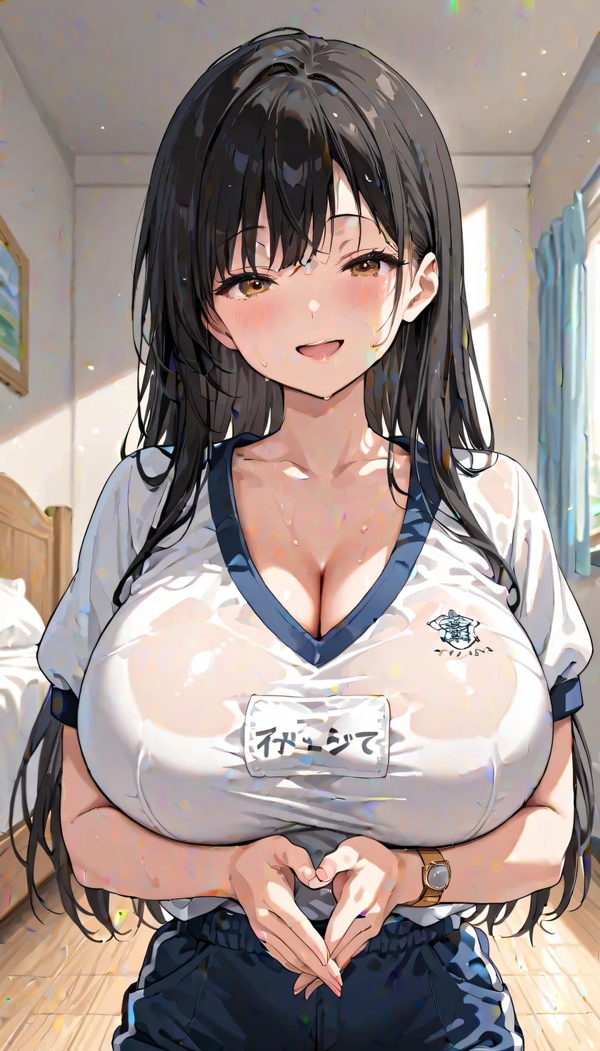masterpiece,  best quality,  great quality,  very aesthetic,  is ridiculous, up to date, scenery, Volumetric Light,  depth of field in fighting games,  shiny skin, watch viewers,  1 girl in the best , woman *********************,younger sister,  Gym uniform, V-neck、Indoors,bedroom,excited ,( impact ),sweat,Irritation,( frustration ),( とてもexcitedしている ),( In heat ), masterpiece,  best quality,  great quality,  very aesthetic,  is ridiculous, up to date, scenery,(delicate), big breasts,(Round Breasts:1.1),,(Big Breasts, cleavage),( huge boobs:1.4),( soft breasted),(Big Breasts,),,( faces the frontら:1.4)、 faces the front、1 cute little elementary school girl crossing her hands behind her hips 、, cross your arms behind your back、seductive smile