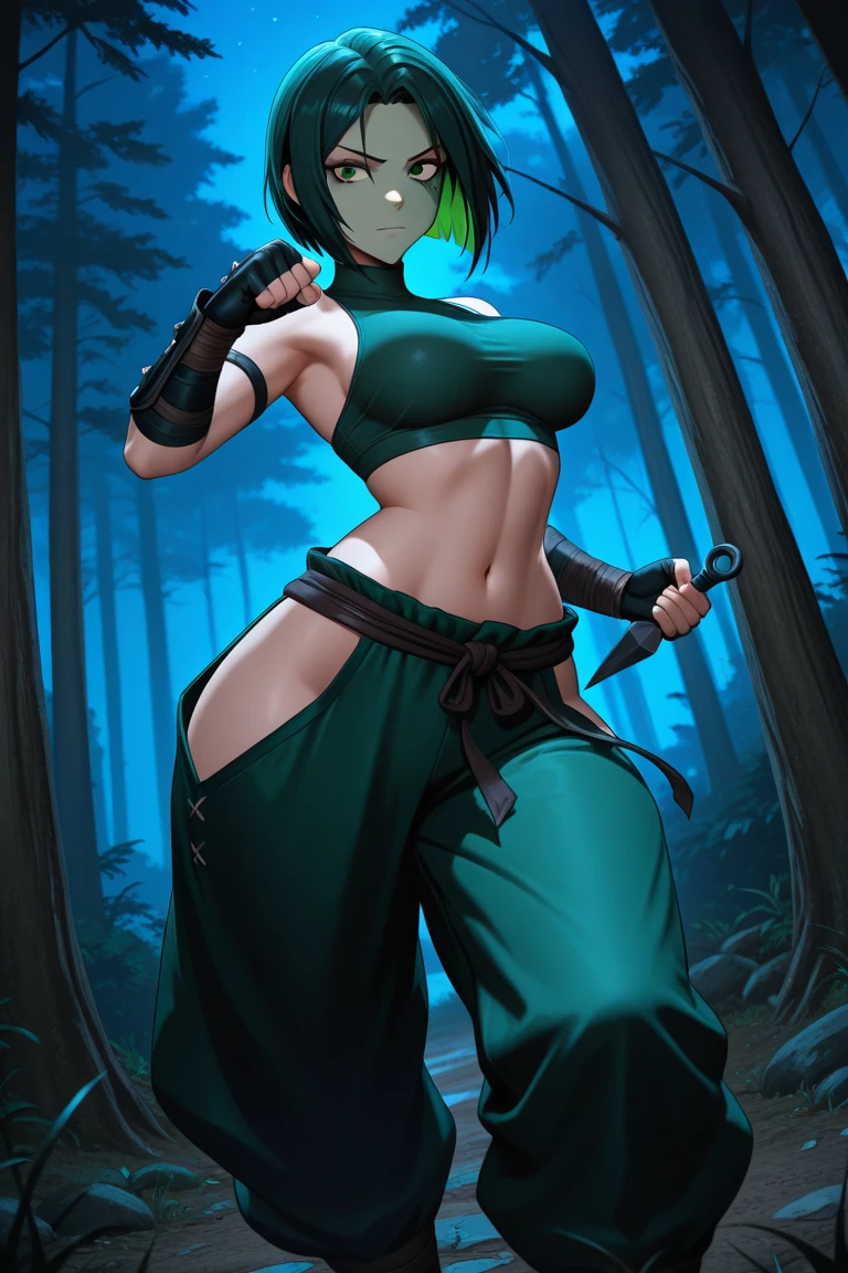 (Full body image+straight body:1.5) Skirt+woman+gigantic breasts+Shinobi. ((She has very short dark blue hair, light green eyes)). ((Wearing black/Shinobi costume, mask covering face in color with red details)). She's inside a macabre temple with a lot of blood on the ground, it's night, it's raining, she's staring at the viewer with eyes of fury; she has ninja weapons stuck in her outfit, high detail, anime, 16k, UHD, textured skin, super detail, high quality, award-winning