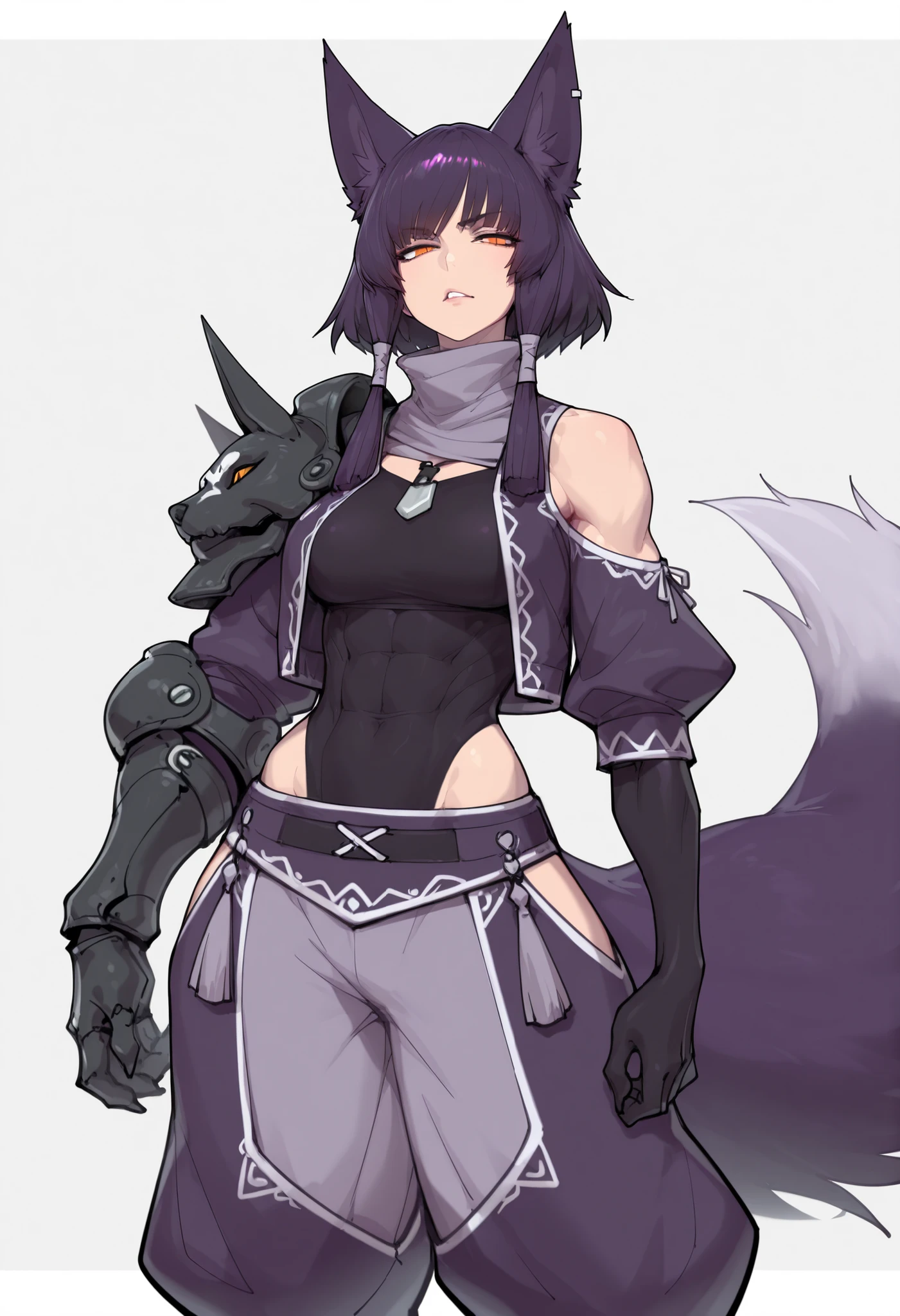 gorgeous kitsune girl, beautiful face, kitsune, hair of ash-purple color, beautiful woman, orange eyes, slit pupils, volputrous body, toned woman, curvy and athletic, fox ears, short hair, dark adventurer jacket, buggy pants, single pauldron, single vambrace, single gauntlet, black hands, fox tail, attractive proportions, defined athletic arms and legs, athletic lanky body, fox ears, calm dominant expression, hair tubes, half-closed eyes, medium breasts, huntress, masterpiece, ultra definition, simple white background