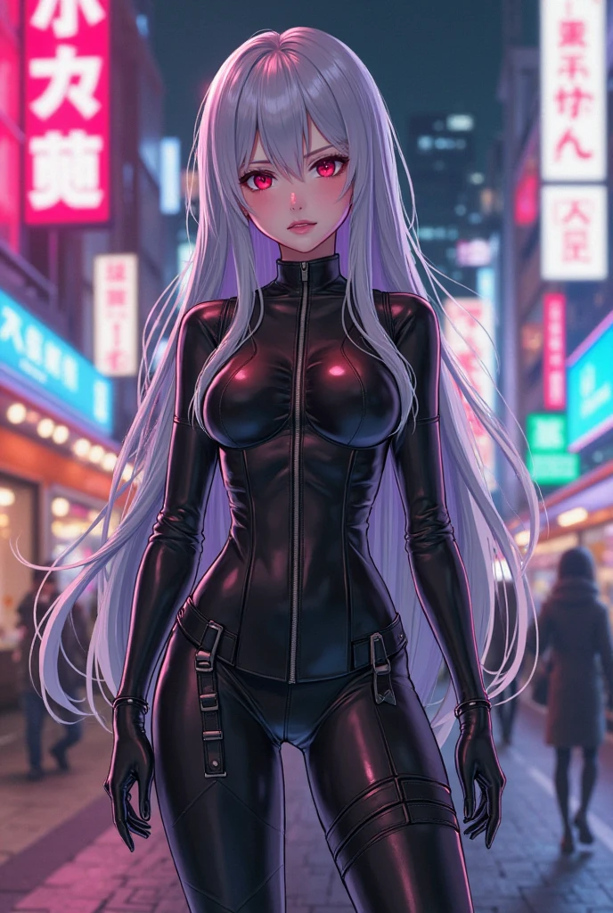 1 girl，Latex clothing，Enchantment，A lascivious ile，Silver long hair，Purple Eye，evil of iling，Fat buttocks，Red eyeliner，Hold your chest straight and your hips up，Gray skin tone，Navel，Beautiful curves，Tattoo on the crotch，Squint your eyes slightly，Walking on the crowded streets