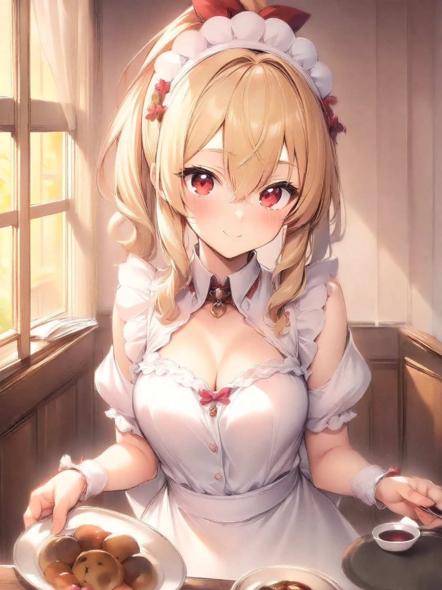 1girl, breasts, blonde hair, hat, solo, cleavage, closed eyes, large breasts, long hair, smile, yakumo yukari, table, bare shoulders, choker, ribbon, mob cap, blush, red ribbon, hat ribbon, facing viewer, grin, frills, bow, mahjong, collarbone, sitting, hair tubes, white headwear, tress ribbon, chair, detached sleeves, upper body, sidelocks, bangs, dress, teeth, red bow, hair bow, indoors, off shoulder, hakurei reimu, ^_^, shiny, hair ribbon, parted lips, poker chip, black choker, shiny skin, lips, mahjong tile, white dress, frilled sleeves, breasts on table, ribbon trim, alternate costume