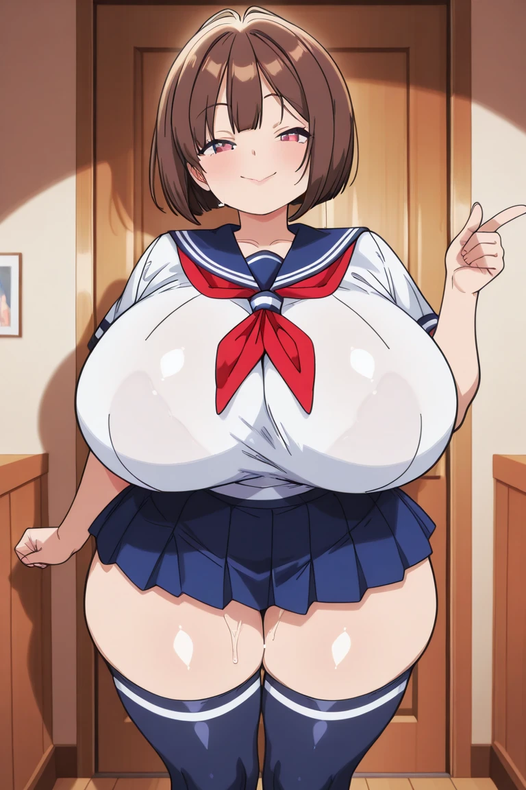 Erotic Anime Illustration、Highest quality、A short, voluptuous cabin attendant、1st Class Room、room service、Perfect proportions、Overwhelmingly large breasts、Fatty thick legs、Large areola、Beautiful shining eyes、Cowboy Shot、Be in heat、smile、Shaved、Exposed nipples、Detailed depiction of the vagina、Exposing Vagina、intense sweating、Noise Reduction