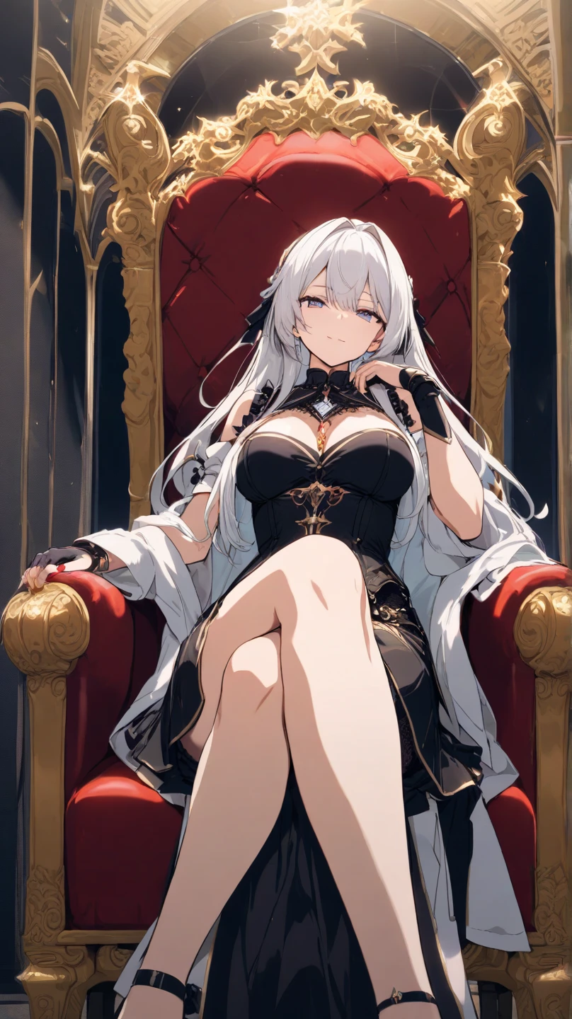 Irisviel,black sheer dress sleeveless and Decorated with golden color,solo,looking at viewer,beautiful smile,arm at side,middle size of breast,beautiful necklace,sitting in chair looking at you with smile,take off the top of a dress