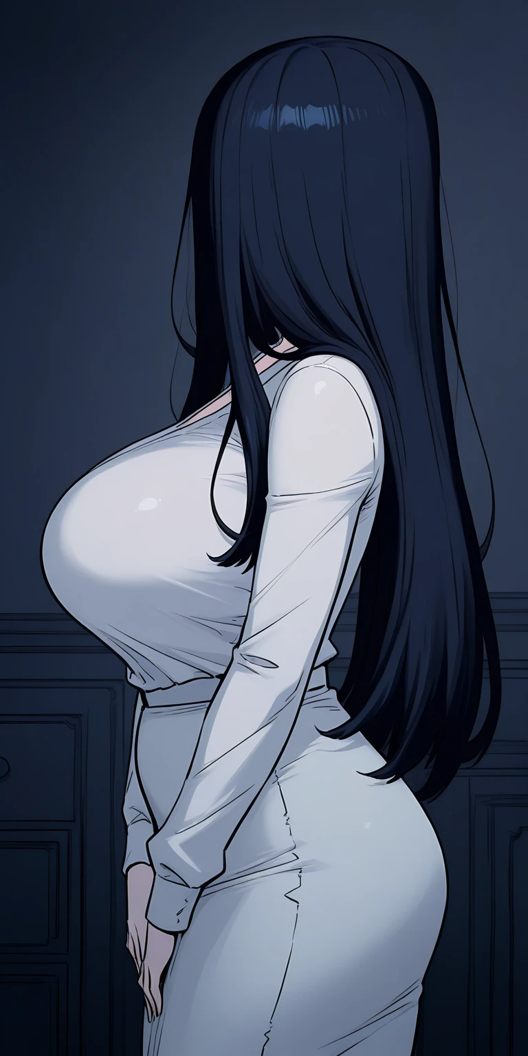 (masterpiece), best quality, expressive eyes, perfect face, yamamura sadako, 1girl, sadako, (hair over eyes:1.4), dark theme, curvy, dark atmosphere, cleavage, closed mouth, oversized white dress,cowboy shot, ((from below)), serious, (pale skin:1.2), grey skin, (sagging breasts:1.2), (huge breasts:1.3),