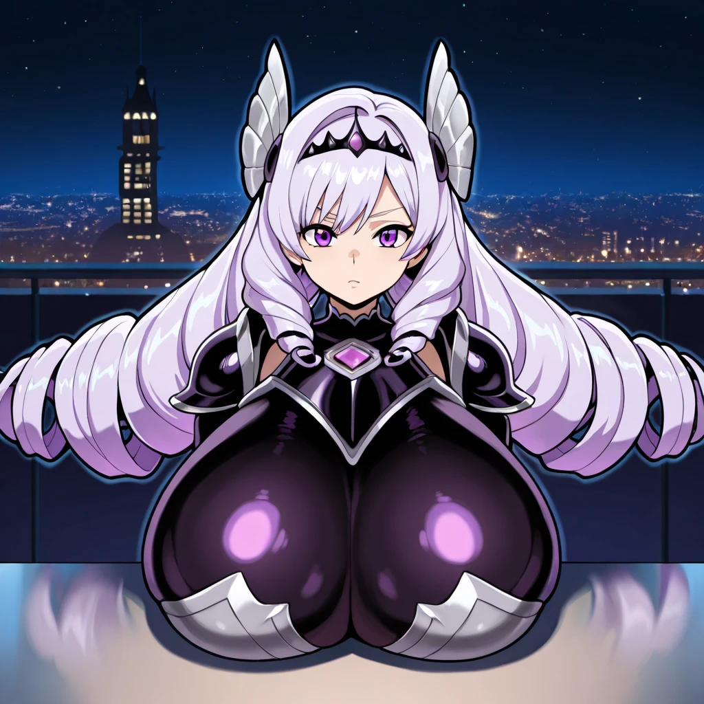 Sister New devil, Maria Naruse, 1 girl, (())), long white hair, purple eyes, thick lips, evil smile face, wide hips, thick thighs, thick, huge brease round ass, oily sy skin, black latex belt top, underboob, black gloves, city, cyberpunk