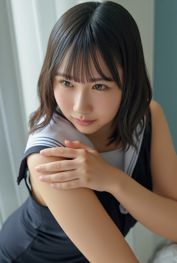 there is a woman that is sitting down with her hand on her head, chiho, Shiori Teshirogi, closeup Iwakura Lain, shikamimi, 奈良美智, Young Gravure Idol, harumi, by Torii Kiyomoto, iwakura lain, Kotegawa Yui