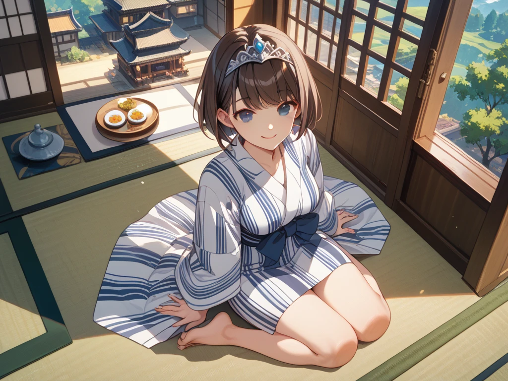 twelve year old brunette girl，Hairpin，Geisha hairstyle，Blue Kimono，White socks，Straw sandals，Japanese Street
