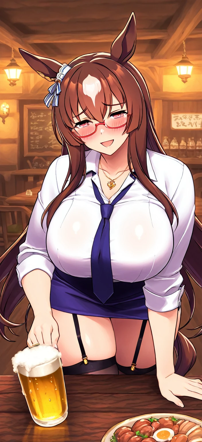 Highest quality,masterpiece, high resolution, nsfw, 1 girl, reverse bunny, huge breasts,pink nipple, belly button, shaved pussy,indoor, cafe, blush, standing, looking at viewer, horse ears, horse tail, Copano Rickey