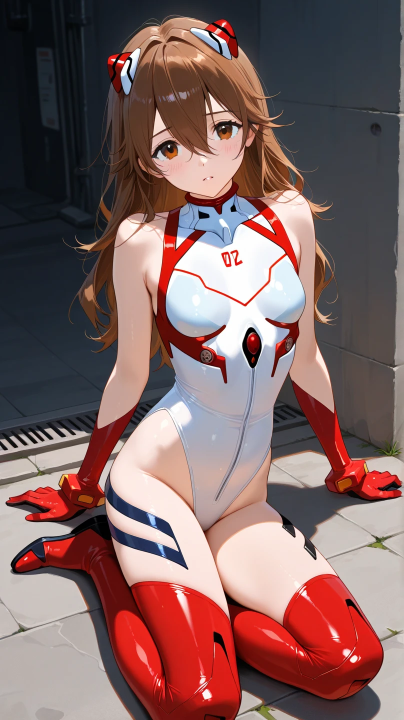 Asuka Langley Soryu (blue eyes:1.4),make the head smaller、blue eyes, hair between eyes, headgear, interface headset, orange hair, body suit, long sleeve, plug suit, red body suit, bite, midnight、standing on the stairs of an abandoned concrete building、 BREAK is looking at the audience, break just peace:1.2), dark lighting、highest quality, High resolution, unity 8k wallpaper, (shape:0.8), (fine and beautiful eyes:1.6), highly detailed face, perfect sentence, Detailed CG, (perfect hands, perfect anatomy),((spread your legs:1.3))((white panties)),Angle looking up from far down the stairs. smile, realistic skin, shiny skin, shiny skin, professional lighting, sweaty feet, (embarrassed look:1.5),