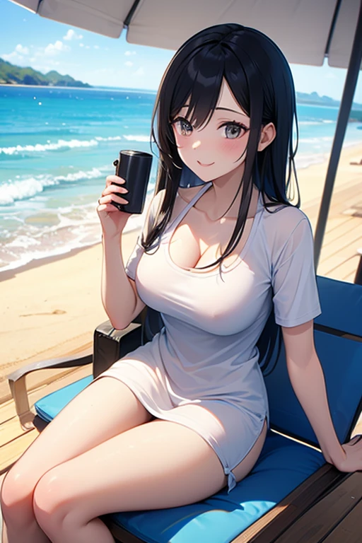 Sitting on the beach site, having coffee, looking extremely sexy, robe dropping from the shoulders