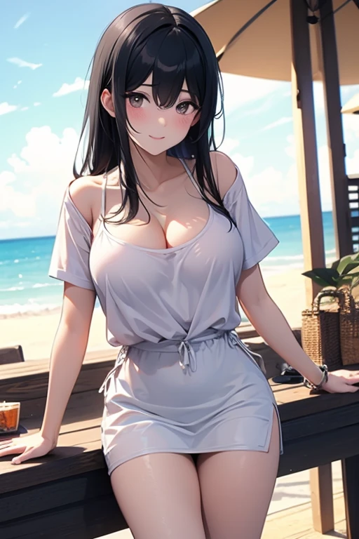 (1girl:1.3), Masterpiece, Best quality, amazing beauty, [[3D]], 4K, absurdres, finely detail, super detailed eye, perfect anatomy, official art, cinematic lighting, BREAK, Bus Stop, ocean/beach/sea, silky half up hair, blunt bangs, curi inside hair, black hair, super shiny detailed brown eyes, tsurime, sparkle(in the eyes), facing this way, plump lips, Looks like fun, BREAK , usually, slim, fair skin, sweaty skin, legs spread, dutch angle, Backlighting, BREAK , (hoodie:1.2), (Cleavage is visible:1.2), BREAK,()