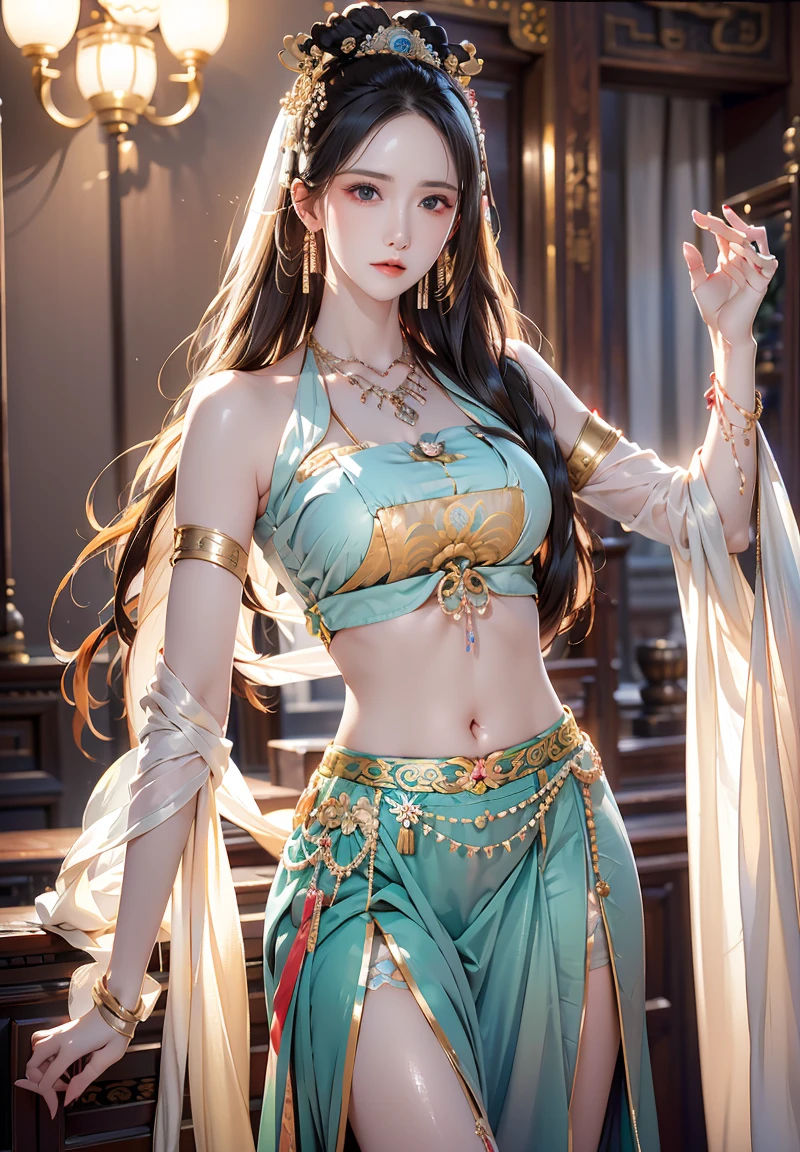 Bust photo, a beautiful woman, messy hair, girly, symmetrical bun, hair accessories, jewelry, delicate face, eye shadow, delicate cyan top, bare shoulders, navel, bare belly, Dunhuang style, a lot of streamers, delicate skin, soft light effects, delicate and smooth hair, delicate details, eye highlights, fair skin, fine portrayal, extreme details, cinematic quality, thin, slender, broken, hair details, thin bangs, shawl hair, correct body, shadows, air bangs, 8K, super detailed, Fine fabric texture, soft, supple, smooth texture, Dunhuang style, delicate pattern, correct hand painting, smile, tsurime, Surrealism, ray tracing, UHD, high details, super detail, highres, 8k, high quality, high details, textured skin, ccurate