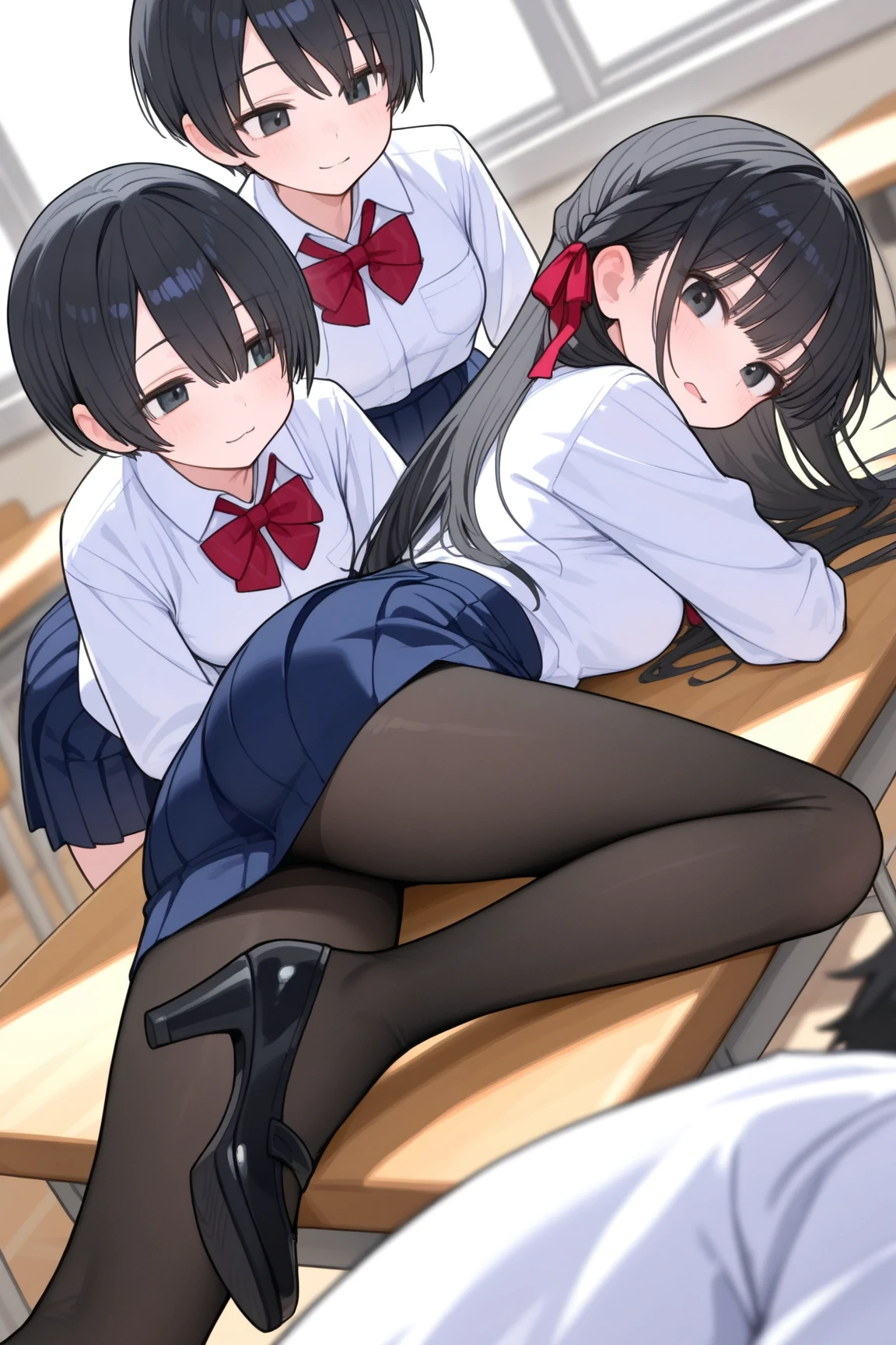 share indirect write、One girl in a mini skirt、Man smells feet, Sit with your legs wide apart、Looking down at the viewer, ponytail、Plump thighs, Highest quality, Focus on the thighs, Spread your legs wide, smile, blazer, blouse, Black knee socks,  classroom, Black Hair,My thighs are steaming between the legs 、Sweaty knee socks、Show the soles of your feet、Sweaty feet