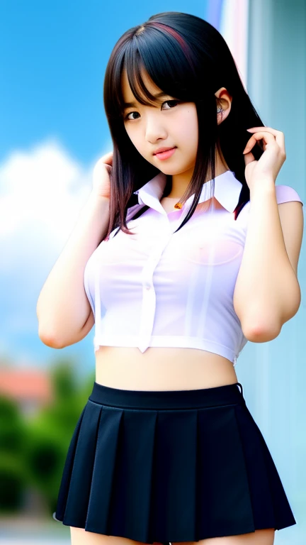 (masutepiece, Best Quality:1.2), 8K, Official art, Raw photo, unbelievable Ridiculous, (Upper body, (school shirt, detail white panties, medium nipples, mini skirt, skirt lifting, view angle from below), serafuku, squatting:1.4), Beautiful Girl, Idol face, arching back down, large full breasts, (thinwaist), thighs thighs thighs thighs, Stockings, close up, (School uniform), Short sleeve, gardenia, violaceass (train subway station), Looking at Viewer, No makeup, Film grain, chromatic abberation, Sharp Focus, face lights, Dynamic lighting, Cinematic lighting, Detailed face, Bokeh background, (Dark red bow tie:1.3)