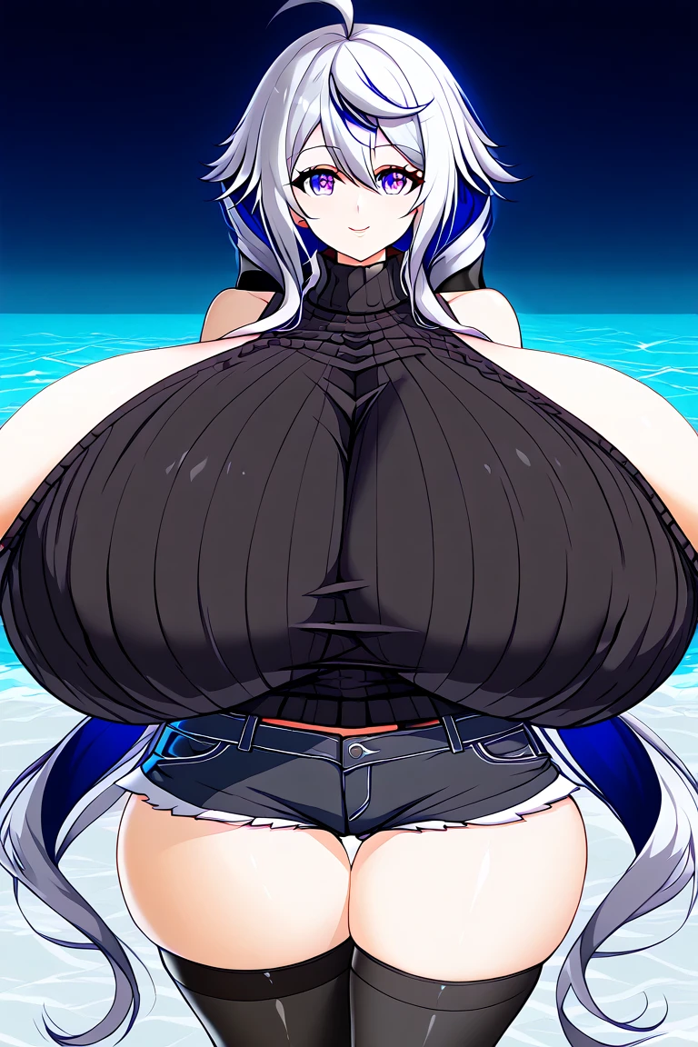 masterpiece, high quality, high detail, 4k, rtx, high resolution,1girl, blue_streaked_hair,hair_over_one_eye, blue_eyes,very long hair,braid,white hair_ornament,white skin,black nail_polish, solo,(long sleeves:1.2),(white bandeau top:1.2), strapless,cleavage, microskirt,thighhighs,thighs,: o,cute face,(Well-shaped and firm huge breasts, developed huge breasts),(underboob:1.2),bursting breasts,happy,stomach, navel,aged_down,(sexy pose:1.2),arms behind head or hands between legs, beautiful background, festival, beach, walking,