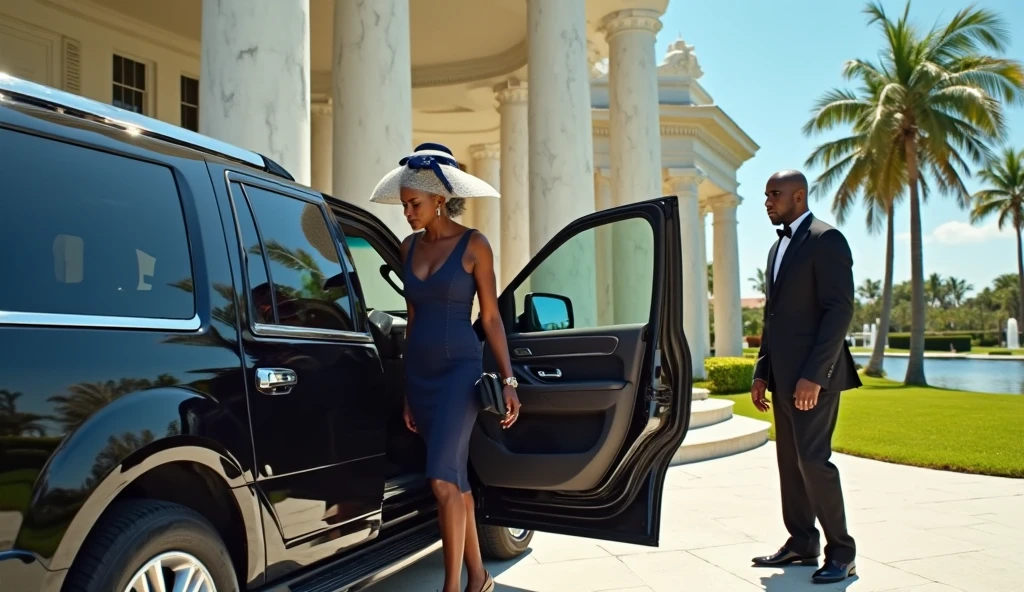 Wealthy Nigerian Family consisting of a 38 year old father a 36 year old mother a 7 year old daughter a 1 year old daughter in a luxury car dealership buying their new family car wide angle shot, Cannon DSLR showing their mansion and a purple Range Rover Vogue SVR a Metallic Grey Rolls Royce Cullinan a Tesla Cyber Truck Make it seem 2026
