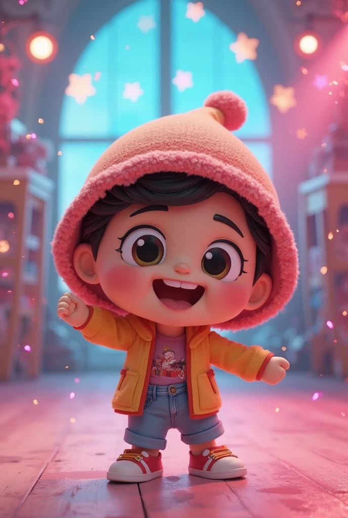 3D Child, glad, blue and pink background