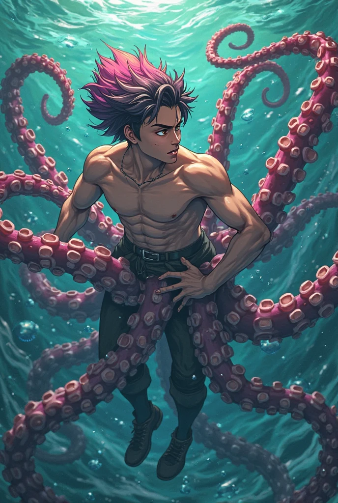 Male focus, drooling, one eye closed, orgasm face, creature, blow job, egg laying, male face, penis, red or magenta tentacles, muscles, disgusting face, tentacles on all sides, 27 year old male adventurer being raped, tentacles, Alone, black hair, torn clothes, open mouth, slightly watery eyes, sexy, anal, blue eyes. He is holding onto something like a thick rope. A man's body is raped a lot, his penis, and his body is restrained by many tentacles.