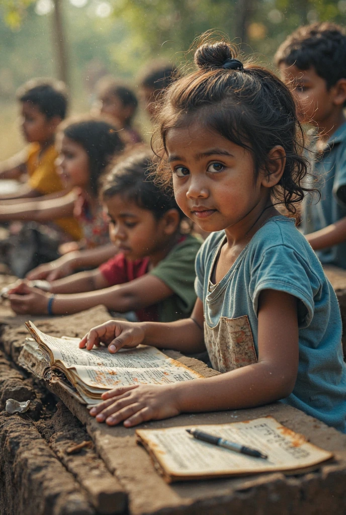 African girl with stitches on her face and neck pickingup books from the ground and 2 boy standing near her