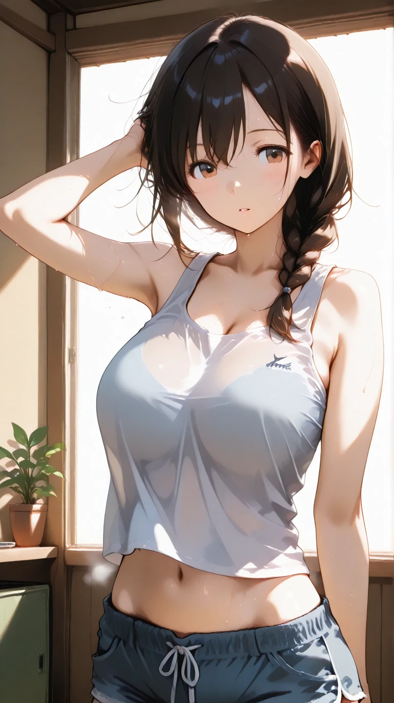 ((Highest quality、Masterpiece、Very detailed、4K))、One Woman、White shirt、No sleeve、Shorts