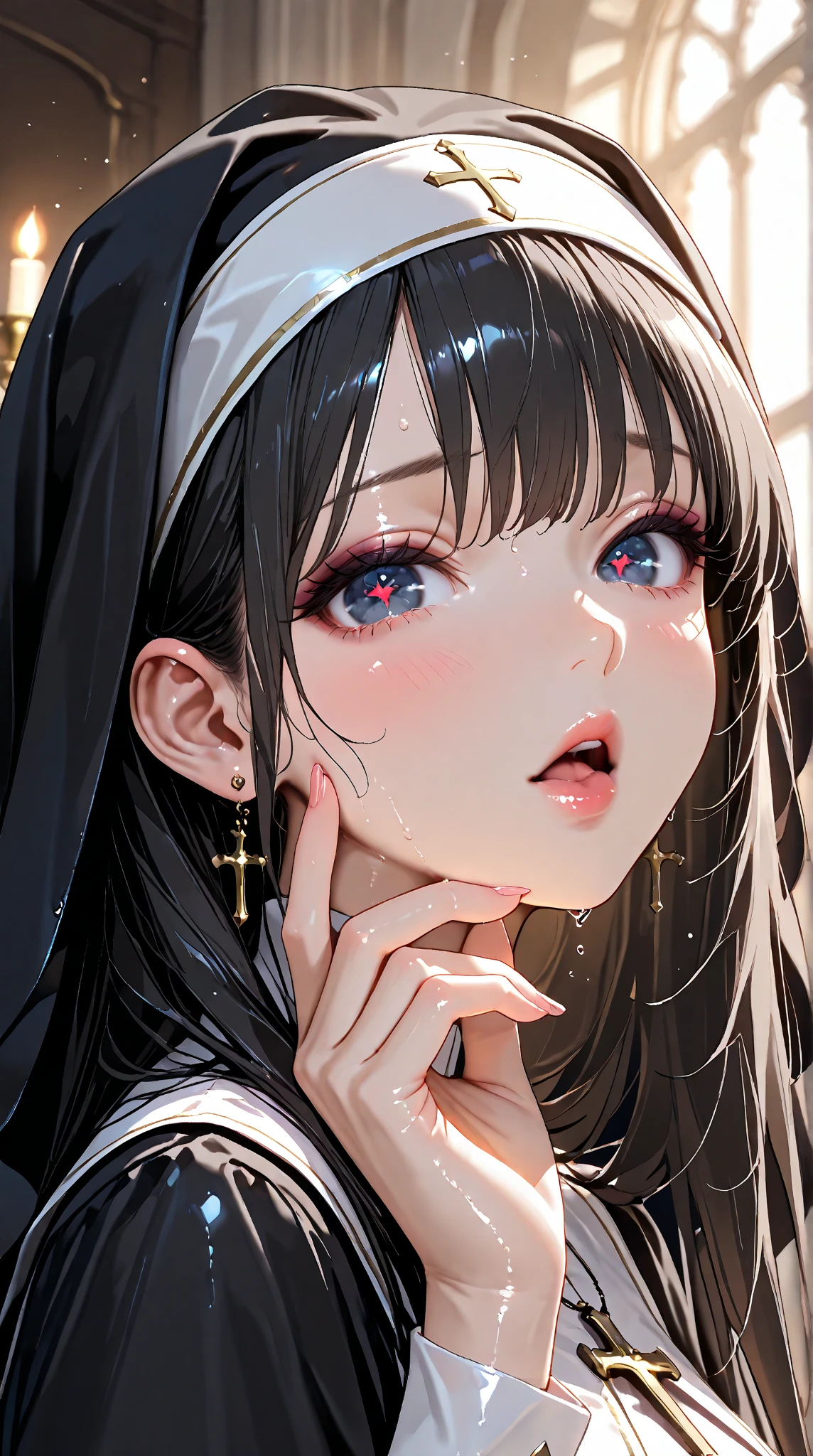 nsfw, woman, (Bunny ears), open mouth, Showing tongue, Glasses, Small breasts, (nun), long hair, black hair, open legs, Rainy, (man, penis), (sex, woman on top)