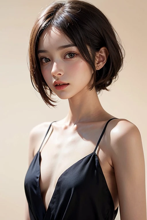 Best quality, masterpiece, ultra high res, (photorealistic:1.5), raw photo, 1girl, offshoulder, in the dark, deep shadow, low key, cold light, sexy look, short hair