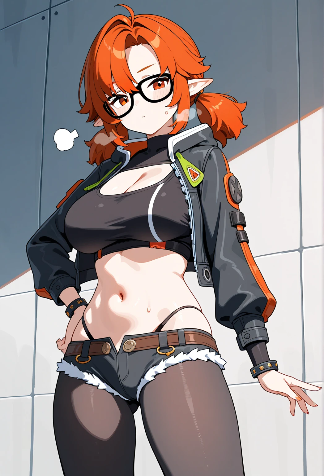 1 girl, milf, orange hair, short hair, messy hair, very messy hair, tangled hair, beautiful blue eyes, nerdy glasses, big nerdy glasses, lustful expression, seductive, smiling, sexy, medium large breasts, medium sized breasts, orange bikini top, sexy bikini top, bare waist, bellybutton piercing, portrait, 8k, best quality