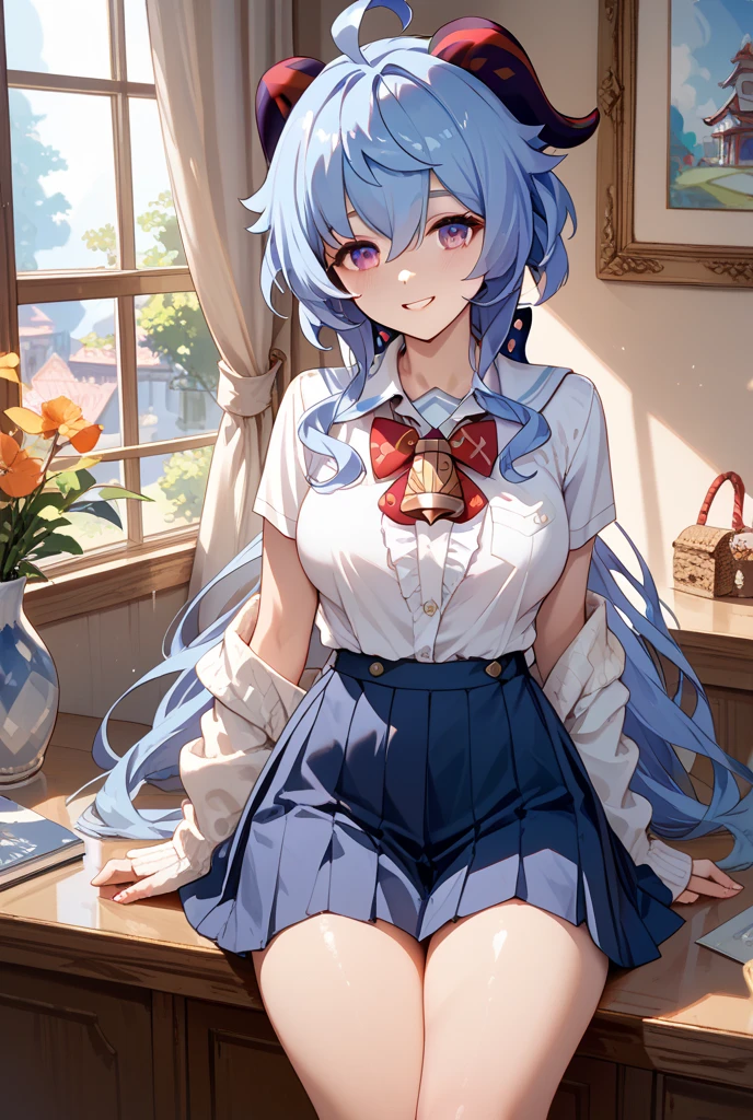 Beautiful illustration, Best Quality, (8-year-old girl)、cute petit girl,Lori、 (Superb view), Sitting, fantasylandscape,Pure white sailor dress without sleeves、Black culottes、Simple black shorts with a wide hem、Thighs visible through the gap in shorts、Crotch gap、Thigh gap、V Line、Brown Lace-Up Short Boots, Long crimson double-sided upholstery, Beautiful blue eyes, frombelow, Cinematic lighting, Cowboy Shot, Euphoric smile,(length hair)、Braiding of the back of the head、Large ribbon on the back of the head、Tilt your head、cross one's legs、kne
