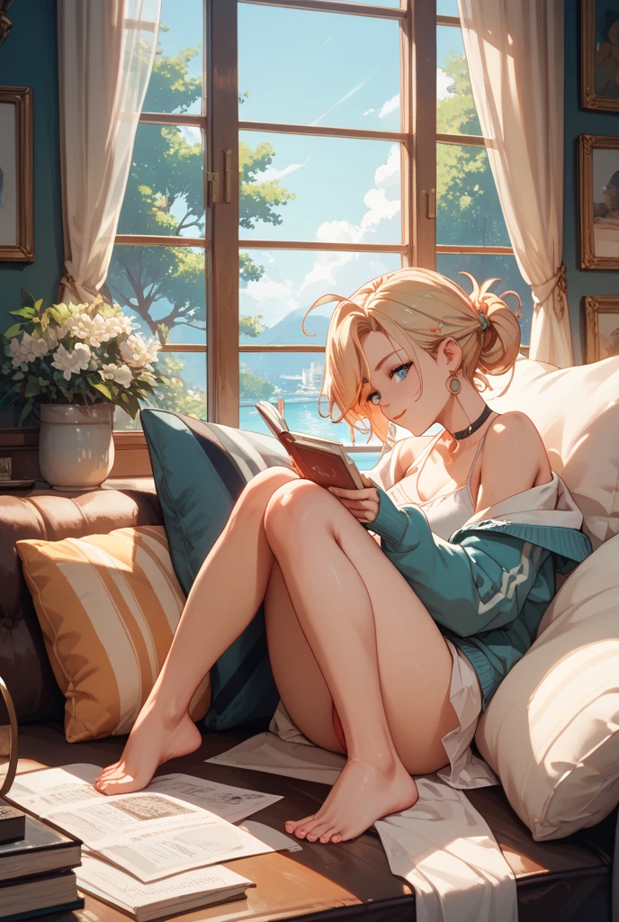 (masterpiece, best quality:1.2), solo, Android 18 from Dragon Ball, ((white slip-on crop top)), ((black dolphin shorts)), (light gray hoodie), thighs, midriff, small breasts, blonde hair, (single hair bun), ((blue eyes)), earrings on earlobes, slender feminine figure, narrow waistline, skinny body, reading book, cleavage, off shoulder, light blush, indoors, chill, cafe, couch, ice coffee, window, organized, simple, white-based interior, rain, cloudy sky, magnificent view, blur background, 4K, 