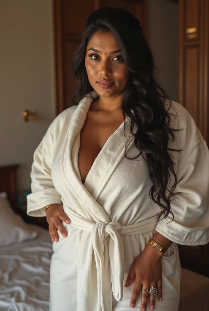 Instagram influencer, Latina female, 27 years old, athletic body, large breasts, tan skin, long wavy brown hair, (hazel eye color). Wearing a ((white bath towel)) around her body. Standing in a large walk-in closet full of brightly colored clothes and shoes. 