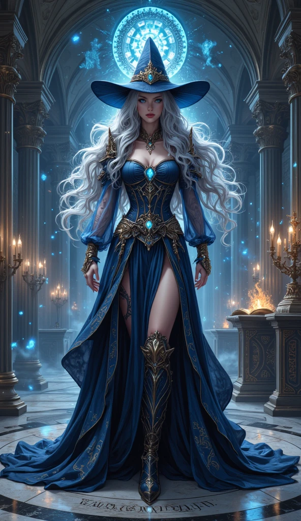 ffantasy art, steampunk art, RPG art, photograph, RAW, , Best Detailed, picture of a woman wizard, standing proudly, manipulating magical blue fire, extremely beautiful woman (best Detailed, Masterpiece, Hyperrealistic: 1.5) blond hair, rich hair, wavy hair, dynamic eyes color, wearing black and white dress, wearing (white cloak: 1.2), wearing (pantyhose: 1.2), wearing high heeled boots, laces boots, make up, steampunk laboratory background, ultra best realistic, best details, best quality, 16k, [ultra detailed], masterpiece, best quality, (extremely detailed), ultra wide shot, photorealism, depth of field, hyper realistic painting, GlowingRunes_purple, blue fire