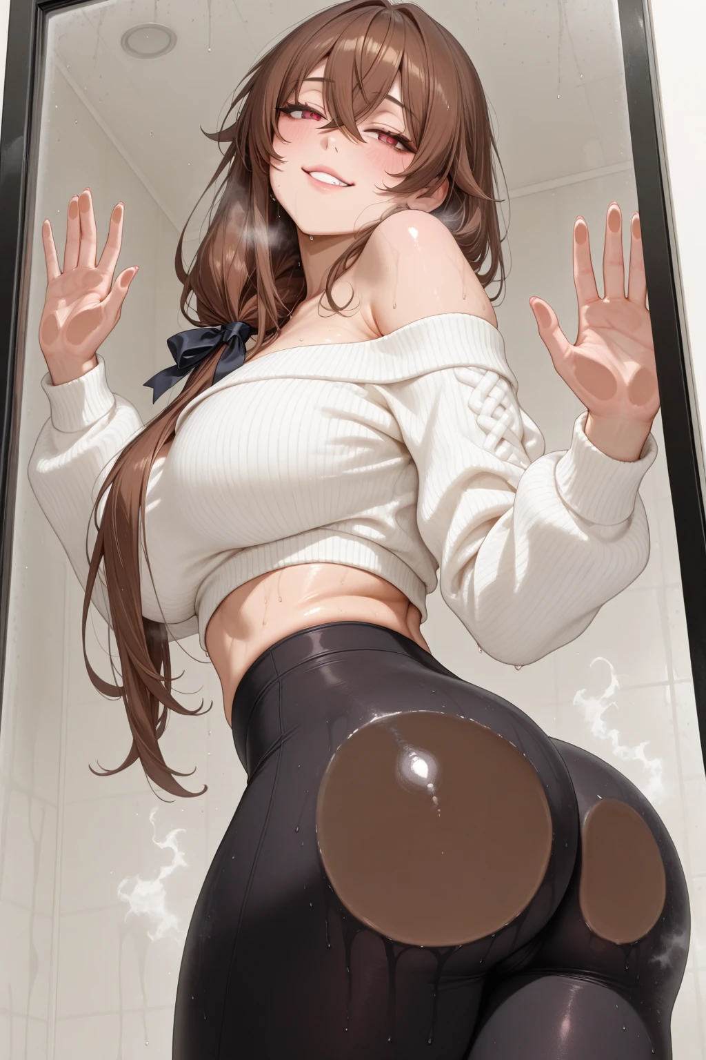 she has past shoulder length brown hair with bangs tied up in a ponytail, brown eyes, very fair skin, she is beaultiful, anime, bunny suit, small breasts and ass