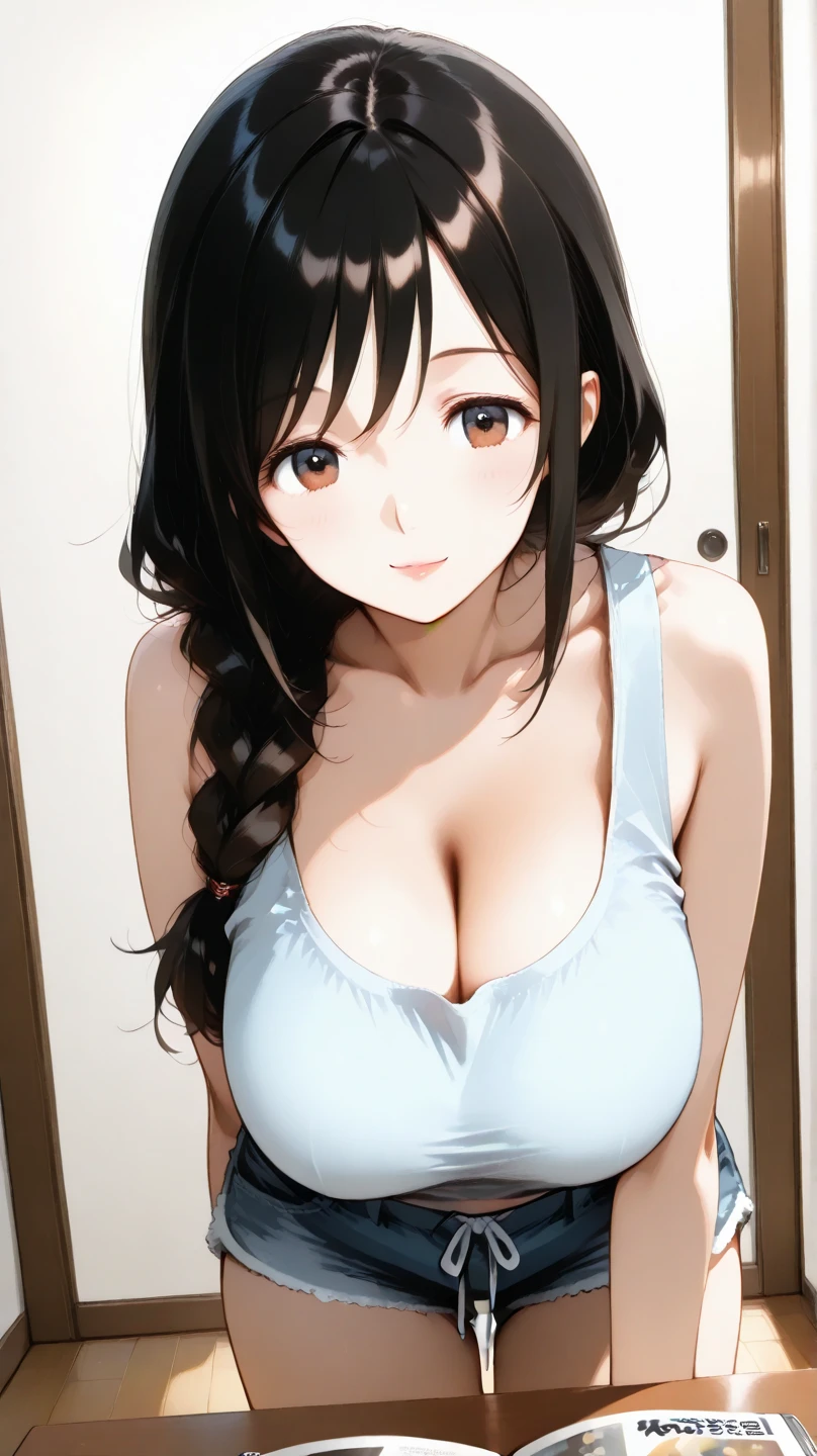 (Best Quality, Masterpiece:1.2), solo, 1girl, kumashiro maya, hairband, black hair, blue eyes, Gigantic Breasts, nagatiti, sagging breast, leaning forward, downblouse, (loose t-shirt), face focus