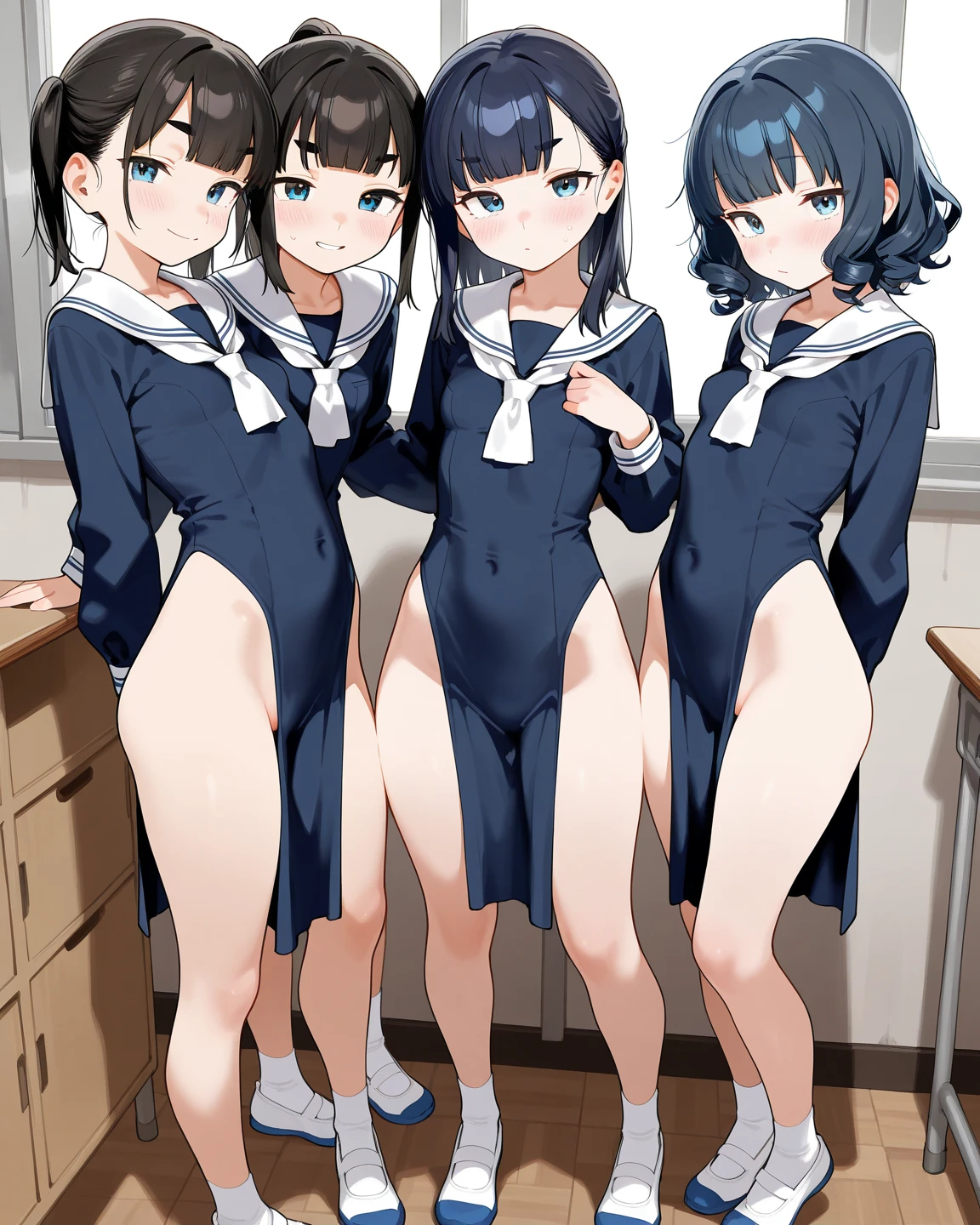 (( Fleet Collection、Kantai Collection、Yao、standing,multiple views、)),((Sailor suit、topless、breasts out,belly button、Bottomless))、woman,Full body photo, ((white background. White bed in a love hotel))) Best image quality, high quality, The background is clear,きれいなwoman, Japanese, detailed, detailed eyes, detailed skin, Beautiful Skin, 超High resolution, (reality: 1.4),とても美しいwoman, A little younger face, Beautiful Skin, thin, (Ultra-photorealism), (High resolution), (8k), (非常にdetailed) (Beautiful and detailed eyes), (非常にdetailed), (detailed face), Displaying the viewer, Fine details, detailed face, smile,Staring straight ahead, Staring straight ahead, Photo Real, Baby Face,Hairstyle: ponytail、short hair,Brown Hair、smile,(((Sailor suit、topless、breasts out,belly button、No underwear、Bottomless)))(Gaunt, Skinny,)(((Gaunt, flat chest, ,)))(,))hair over one eye, from below, (((Fleet Collection、Kantai Collection、Yao、standing,multiple views,)))