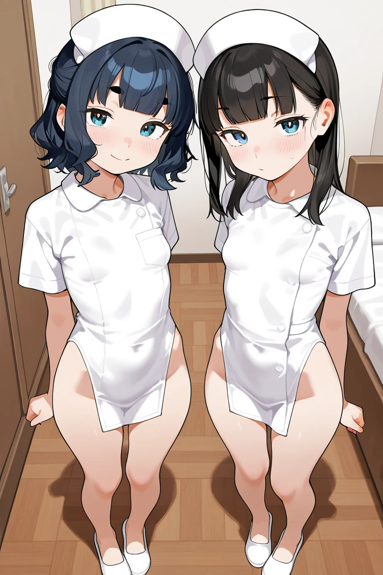 hospital,scowling face,cowboy shot,thin legs,standing,young woman,toll,skinny girl,front shot,small breast,chinese buns,long twin tails,black hair,white_cotton_panty,panty under pantyhose,white colored nurse uniform,long skirt,white colored low high-heel,panty shot,from below,multiple views,spotted panty,ground level shot,mtu,mtu virus,mtu shot,dirty crotch