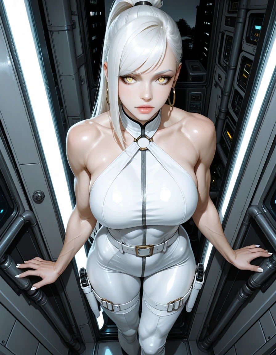 (((best final quality))), (((white bob hairstyle))), ssmile(((standing alone:1.2))),(((1 girl:1.2))),((((beautiful perfect woman)))),(((perfectbody detalhado, perfect finger detailed))),((((((final film poster)))))),(((to burst, close up))),((((detailed complicated machine)))),(((((mechanical genius))))),(((American comics))),(((extreme highlights))),(((extremely colorful, primary colours))),neckleace, super beautiful lady,(((Typography))),text, (Unbeatable masterpiece), (hiper HD),(CG 8k hyper-realistic), (((brave face))), (((breasts big))), (((hyper feminine))), (((musclegirl))), sexly girl, king of fighter,(straight hair with thin braids)), ((( sculptural body ))), (((1 girl))), garota de 25 anos com perfectbody,,Beautiful and well-groomed face,muscular body:1.2,solid color detailed jacket, (Head to thigh photos), Complex equipment, (((standing alone))), pirralha violent, (((14歳))), sexly, pose de atitude, work of art, post-apocalypse, (((manga style))), bounty hunter, violent, Manic, the way you want, slenderbody, thin but strong, perfectbody, roupa moderna, advanced technology, neon, sleeves with vertical striped pattern, intricate background, (( cowboy shot )). intricate visual