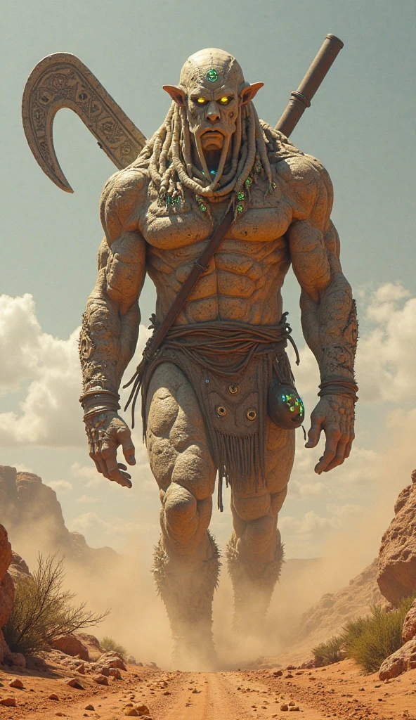 Man in the desert, with two camel legs and three humps on the back