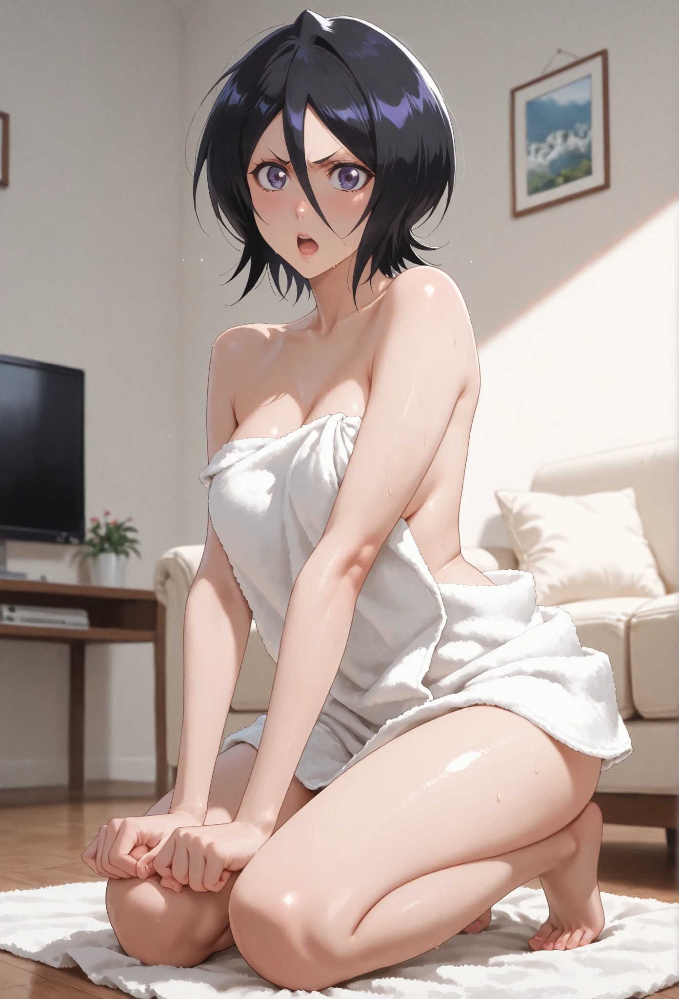 [anime styled],[official art],Tomomi_saikyou,black hair,Short hair,Hair Ribbon,red eyes,NSFW,1girl in,(pussy focus),from below,(short torso),Perfect Lighting,nude,topless,(nipples),,anime screen cap,Flat color,cel shading,(smile),blush,(underwear:1.2), (strong light)、((brighten the subject)),oily skin,curby:1.2,((lite green panties)),((sitting on the chair,reclining)),relax   break background classroom,