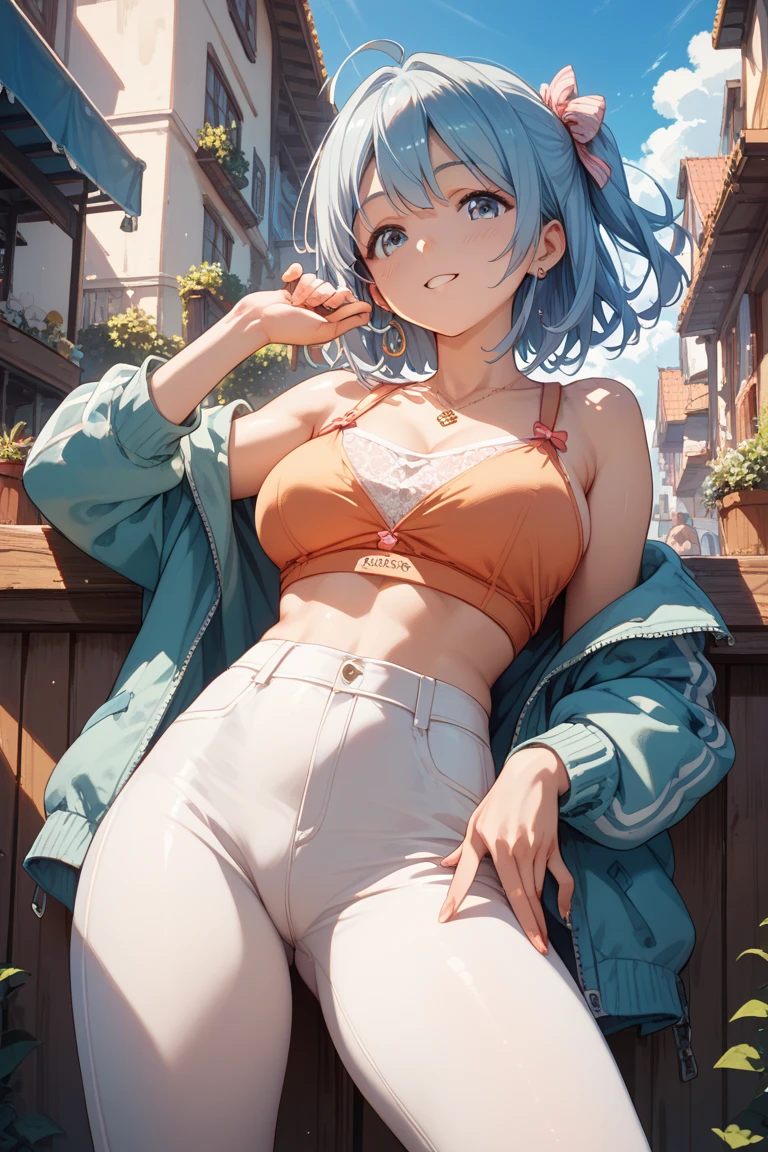 masterpiece, best quality, ultra-detailed), focalors \(genshin impact\), (blue sea hair), swept bangs, braid, braided bangs, blue eyes, blue eyes,
(wearing a t-shirt:1.2), sitting on a chair outside of caf, embracing the natural beauty, sunlight, beautiful cloudy sky, city, street, denim shorts, black stocking,
medium breasts, thick thighs, critical angle, cowboy shot, arm behind head, arm behind back, armpits, light smile, crop top, strong and seductive expressions