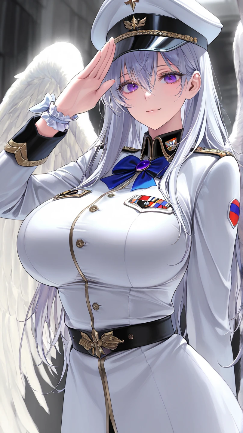 Huge female Russian angel, Very pale, Exposed Hem, military officer