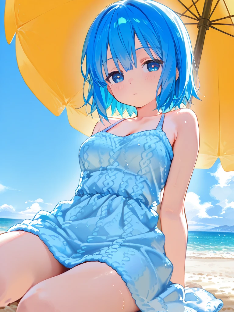 (masterpiece:1.2, highest quality), 1 girl,Rem,Re:zero, blue hair,short hair,grin,Big, blue eyes,cute eyes, big breasts, cleavage, leaning forward, Face-to-face audience, dress, wide brimmed hat, strap sandals, Oversized sunglasses, Simple hoop earrings, shell necklace, areola slip, down blouse, embarrassing, blue hair swaying in the wind, nature, straw hat, serene spaces,