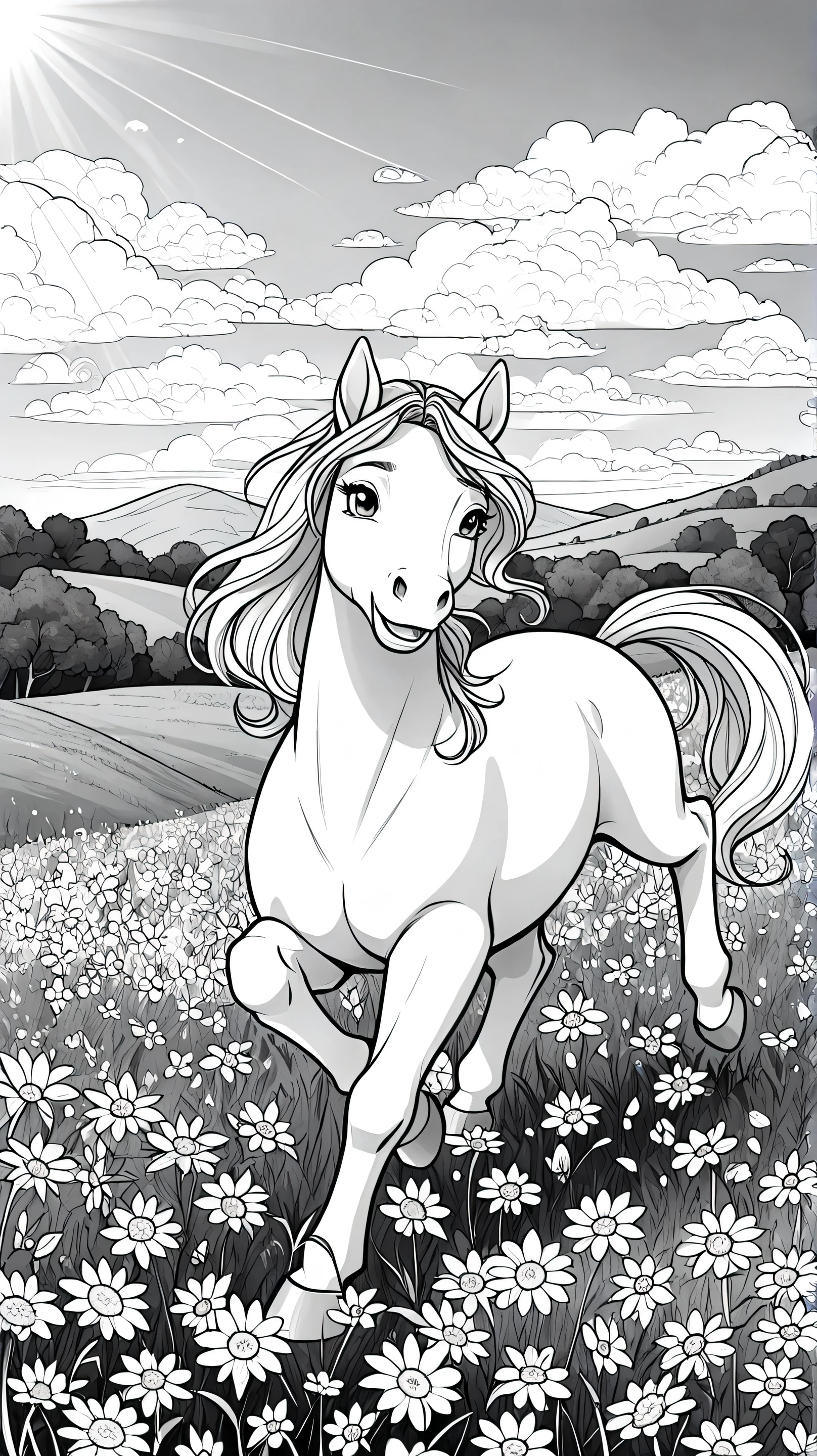 Black-and-white line art illustration for a children’s coloring book of a cute horse galloping through a flower-filled meadow on a sunny day.