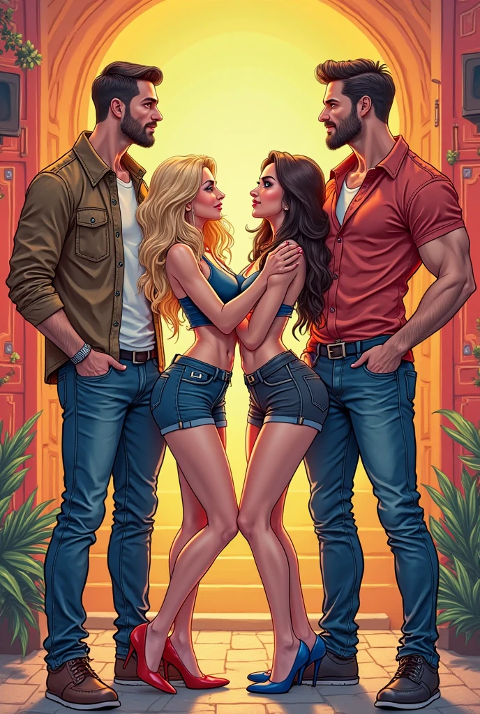 Muscular Handsome European ( tall&==((short-haired))) shirtless barbarian man absolutely surrounded and being hugged and touched by (((three))) sexy women punk primitive harem girlfriends bitches feeling his muscles and groin, women: curvy with wide hips and nice asses in flattering sexy primitive fantasy clothing, tunics and togas and robes and dresses, women: black hair and blonde and redhead, European and Asian and middle eastern and African and indigenous , each person has a different hair color and race and skin color, three of the hottest women to ever live , loving this man, the three women share him as a boyfriend and enjoy helping him feel pleasure together, there are so many gorgeous women are here around this one man, expressions of ecstasy and joy and love on their faces, wrestling , hugging, tackling, massaging, grinding, Flirtatious, sexy medieval fantasy clothing made of fur and silk, lounging in a bedroom of a fantasy castle with lots of light and windows, worshipping him, sexual, kissing, sexualized positions, glowing glistening wet skin, tattoos, , jewelry, faces of pleasure and joy, pressing themselves together, romance novel cover poses, women competing for attention , one woman to his right and one woman to his left and one woman behind him, full body shot, (((ONLY ONE MAN))), orgy,