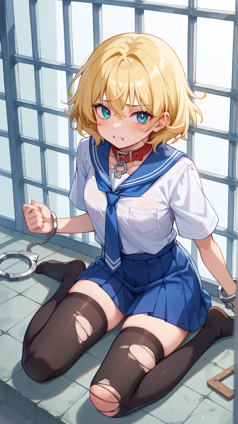 animesque、moe、1 schoolgirl、校服、a blond、Short Bob、huge tit、Woman in chains、Woman with her hands and feet bound by chains、prison