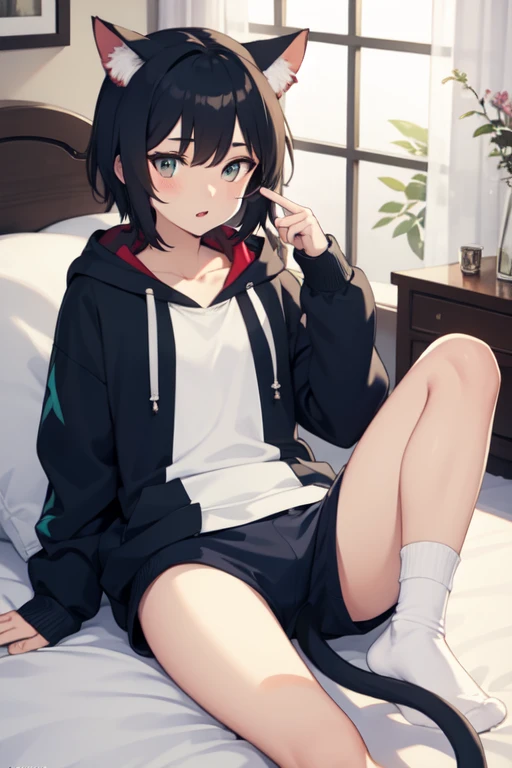A girl with long black hair is sitting on the bed He is wearing a long coat over a plain black hoodie with a hood Red eyes She is wearing a black pleated skirt tall With bangs Beautiful face Thin legs Smooth, long, straight hair Long and narrow face With waistline A little bit of cleavage is visible Keeping your left hand in your pocket Anime Style hair longer than shoulders Crossing your legs